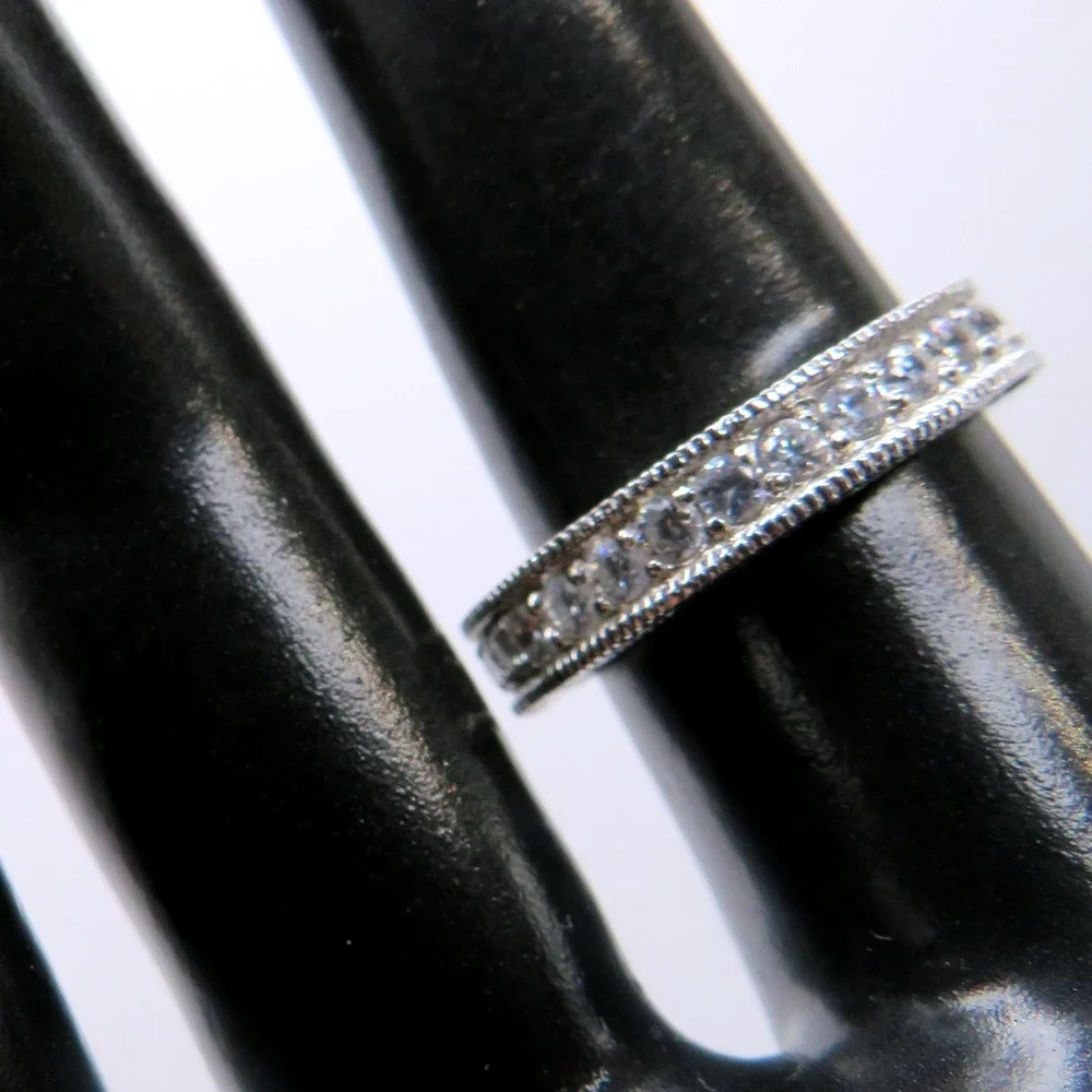 Silver Tone Eternity Band Ring Milgrain Clear Stone Size 6.5
